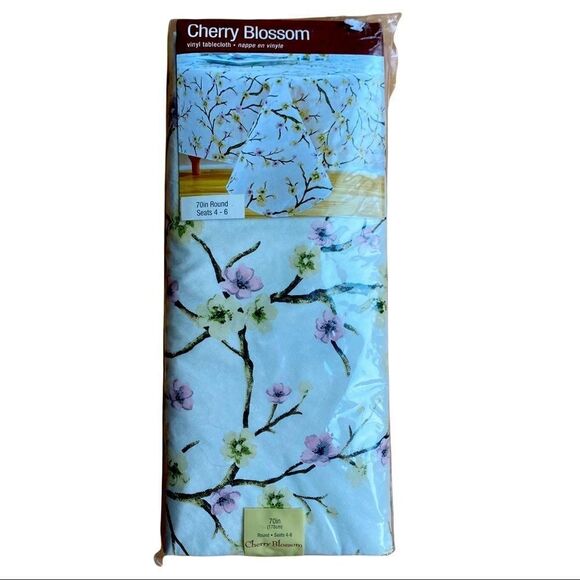 Cherry Blossom Vinyl Tablecloth 70 In Round NEW In Package - Picture 1 of 5